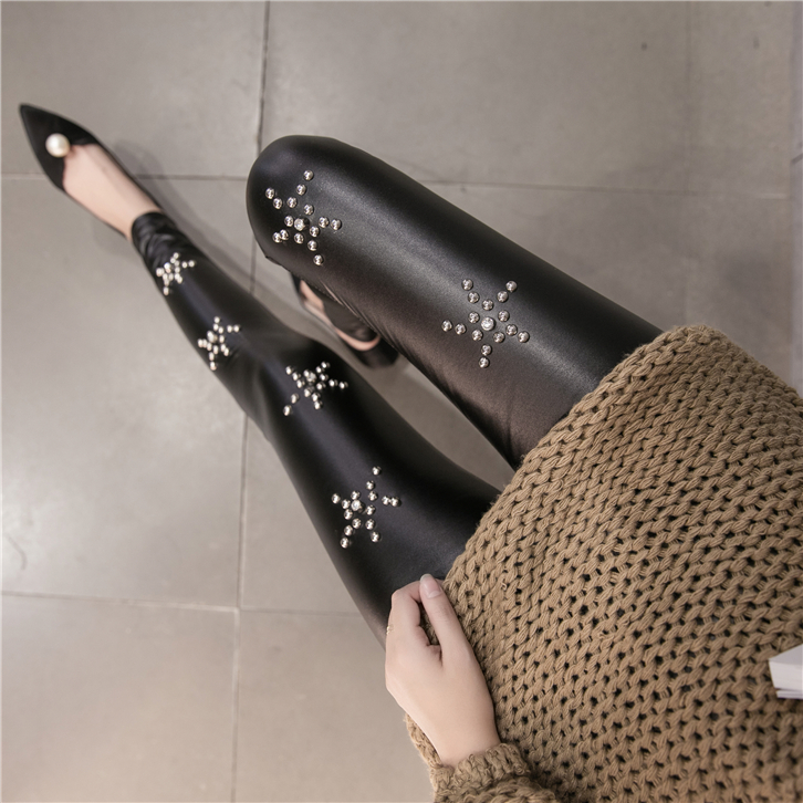 SZ60085 Women Trendy Studded Lace Rivet Leggings Thermal Faux Leather Pants